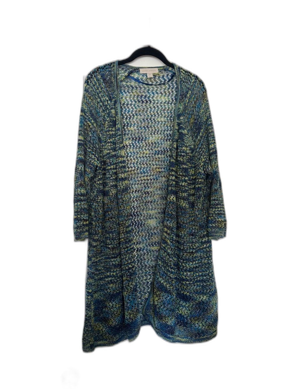 Laura Ashley crochet open knit tunic cardigan sweater in blue and lime shades